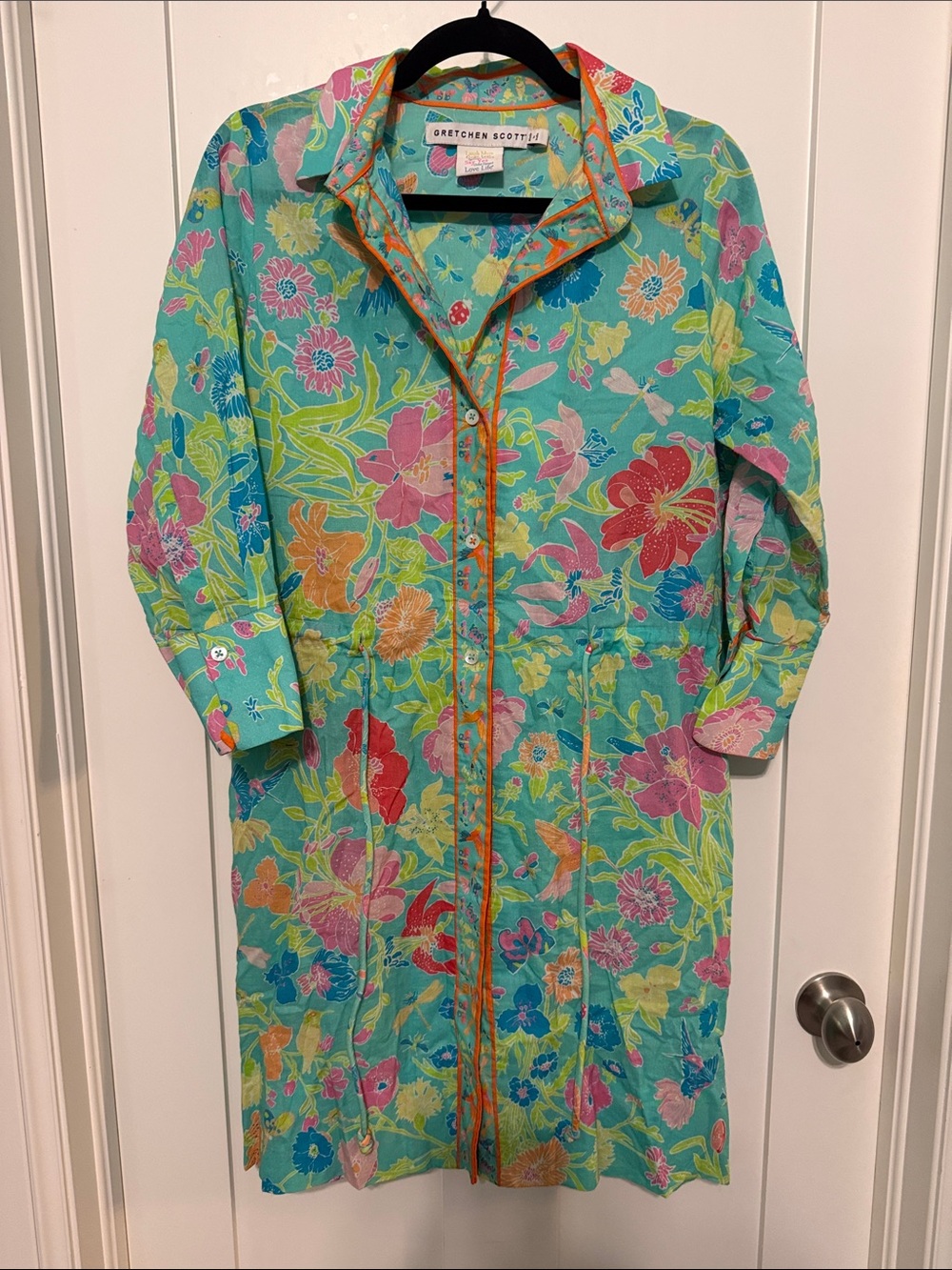 Gretchen Scott Designs 100% Cotton Teal Colorful Floral Shirt Dress size M